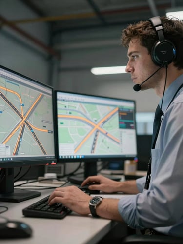Low-angle shot of a dispatcher in a dimly lit industrial office, focused on a multi-monitor routing map with amber highway routes visible.