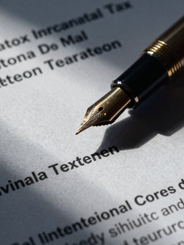 Tight macro shot of fountain pen tip resting on heavy-weight bond paper of an international bilateral tax treaty document, dramatic side-lighting, deep navy shadows and warm brass highlights, 35mm