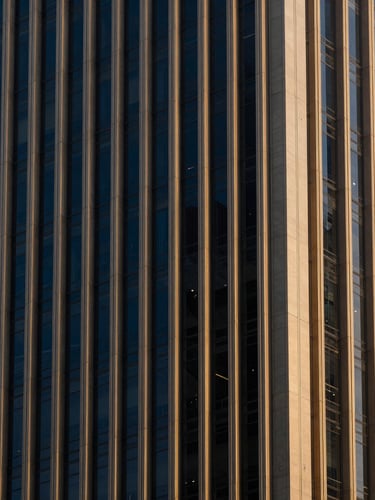 Architectural details of a modern financial skyscraper in Singapore, dramatic side-lighting, deep navy and warm brass tones, sharp focus, 35mm