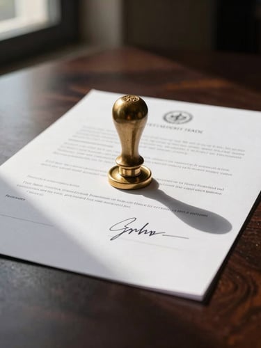 Close-up of a signed international trade document with an official wax seal and elegant signature, resting on a dark mahogany table under dramatic low-key window light, 35mm