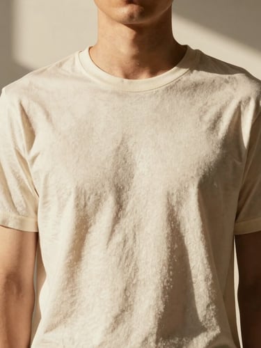 Portrait of a model from the chest down wearing a heavy cream T-shirt, showing the structured shoulder seam and rigid, weighted drape. Warm directional studio light, soft shadows.
