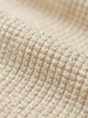 Macro close-up of textured, thick organic cotton knit fabric showing the dense weave structure under soft, warm directional studio light.