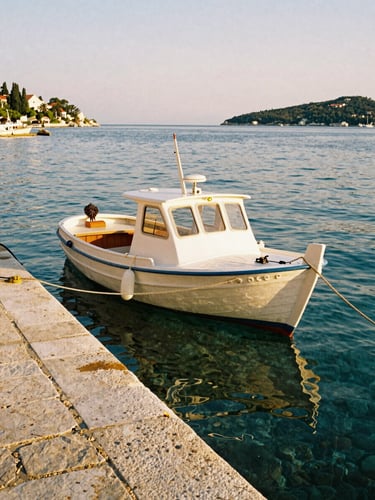 A classic white wooden ferry boat docked at a quiet stone pier in Dubrovnik, crystal clear Adriatic water, soft golden-hour light, warm Mediterranean tones.