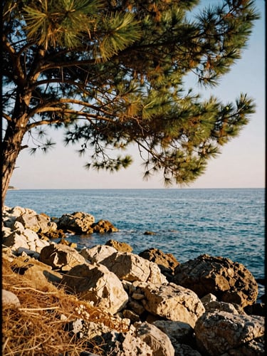 Sunlight filtering through pine trees onto a quiet rocky cove, clear blue sea water, warm golden-hour light, 35mm film aesthetic