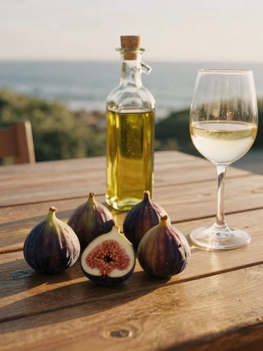 Sun-drenched wooden table with fresh figs, local olive oil in a glass decanter, and a glass of chilled white wine, warm golden-hour coastal light, 35mm film aesthetic
