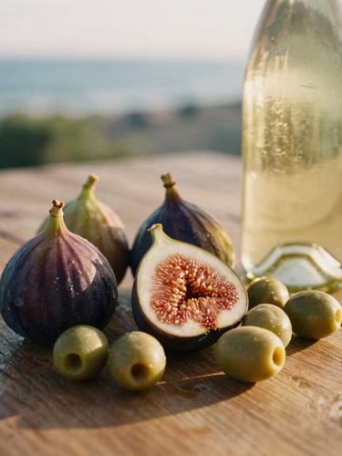 Close-up of fresh figs, green olives, and a bottle of white wine on a rustic wooden table under soft golden-hour light