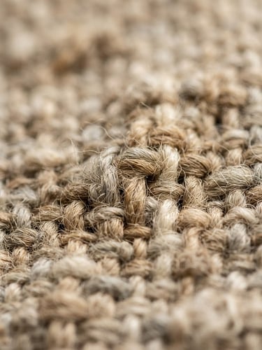 Tight macro shot of heavy-weight raw linen weave, showing individual thick fibers and warm oatmeal texture under soft morning window light, shallow depth of field