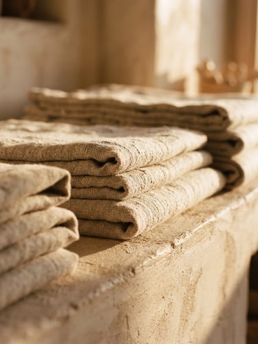 Low-angle warm afternoon sun casting soft shadows over folded stacks of heavy-weight oatmeal linen on a low-profile plaster ledge, macro texture.