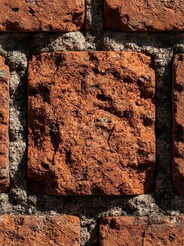 Extreme close-up of high-strength terracotta brick texture, straight-on orthographic shot, harsh direct sunlight casting deep shadows, industrial architectural photography