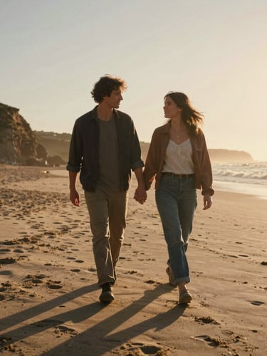 Cinematic medium-wide shot of a couple walking hand-in-hand along a rugged sandy beach at golden hour, warm backlighting spilling through their hair, 35mm film style.
