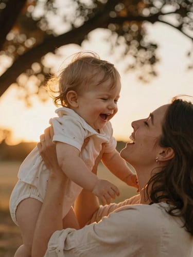 Intimate close-up of a mother laughing as she lifts her toddler, backlit by warm golden sunset light filtering through oak trees, soft focus.