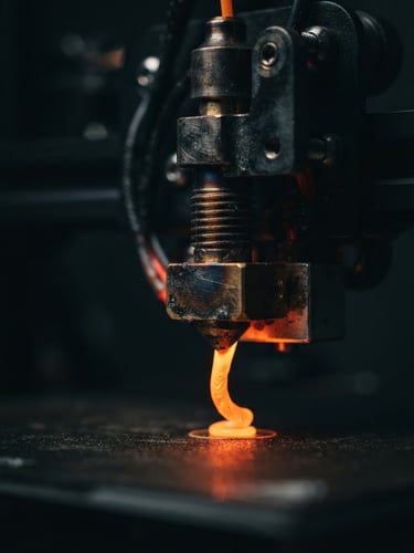 dramatic studio product photography of a high-precision 3D printer nozzle extruding neon orange filament, dark moody lighting, amber accents, ultra-detailed macro texture, 35mm