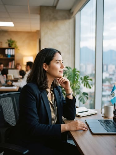 Warm editorial photography of a professional recruitment consultant in a bright corporate office in Guatemala, looking thoughtfully, natural soft window light, cool blue tones, 35mm