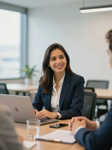 Professional corporate meeting in Guatemala City, warm natural office lighting, cool blue tones with soft gold highlights, shallow depth of field, 35mm photography