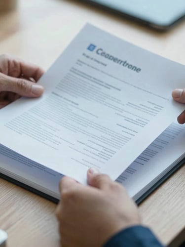 Close-up of hands reviewing corporate evaluation documents on a wooden desk, soft natural office lighting, cool blue tones, shallow depth of field, 35mm