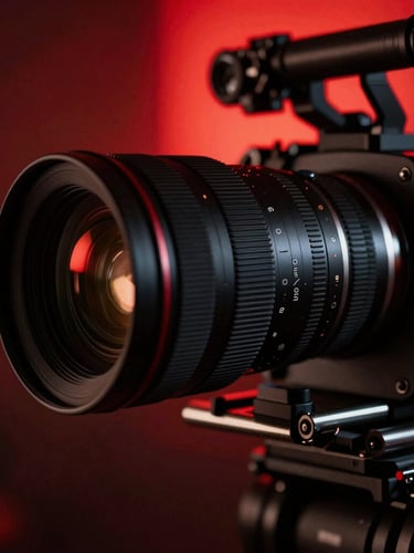 Extreme close-up of a high-end anamorphic lens on a heavy camera rig in low light, dramatic red neon backlight, 35mm grain, cinematic depth of field.