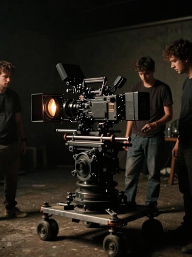 Cinematic film photography, behind-the-scenes crew operating a heavy anamorphic camera rig on a dolly, low-key dramatic chiaroscuro lighting with practical warm tungsten glow, 35mm grain