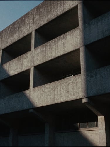 Cinematic documentary still, a concrete brutalist building facade at dusk, harsh shadows, sharp technical composition, anamorphic lens, 35mm film grain.