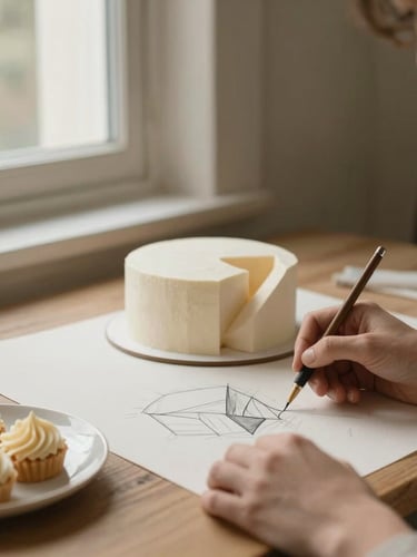 Elegant editorial close-up of a designer's hands sketching a modern geometric cake on textured paper next to a small plate of buttercream samples, soft window light, warm organic tones.