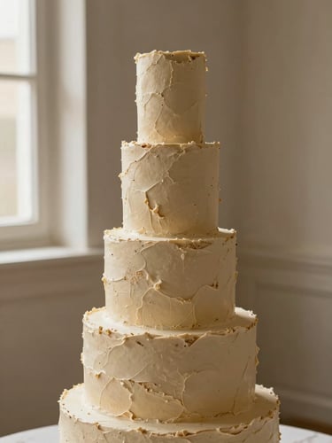 Elegant editorial portrait of a three-tiered cake with heavily textured sand-colored buttercream standing alone against a neutral plaster wall, soft side-lighting from a single window, warm organic tones, shallow depth of field.