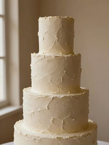 A close-up portrait of a three-tiered minimalist cake with heavily textured, rough plaster buttercream, standing against a warm sandy plaster wall, soft directional side-lighting casting gentle shadows.