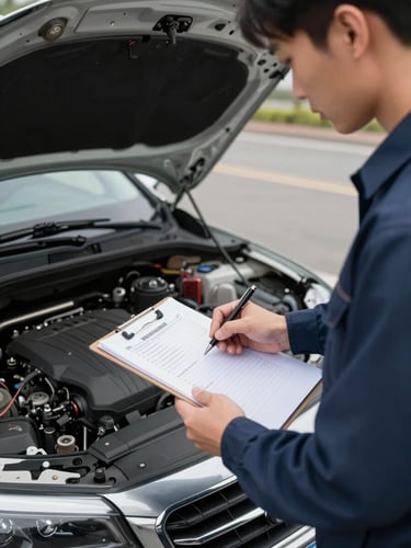 Medium shot of a technician with a clipboard performing a vehicle inspection in a parking lot, natural overcast daylight, checking the engine bay of a sedan, documentary framing, no studio lighting, focus on hands and checklist
