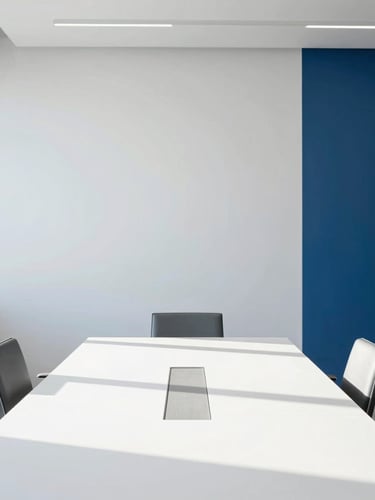 Minimalist clean modern office interior with natural light, structured meeting table, clean shadows, architectural focus, 35mm