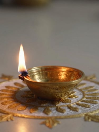 A close-up of an elegant brass diya lit with a warm flame, casting soft golden light on a traditional South Indian kolam pattern on a clean floor.