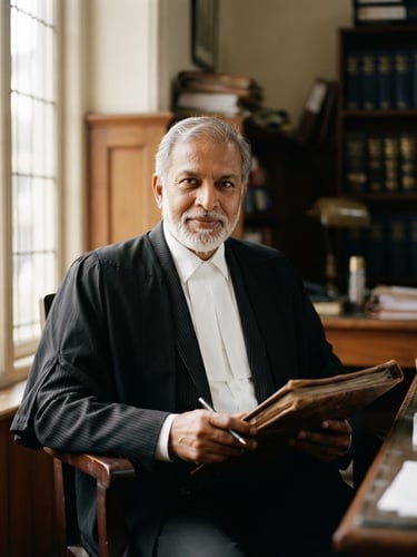 A professional medium-close portrait of a senior advocate in formal court attire, sitting in a quiet Chennai chambers with soft window light, shallow depth of field, 35mm.