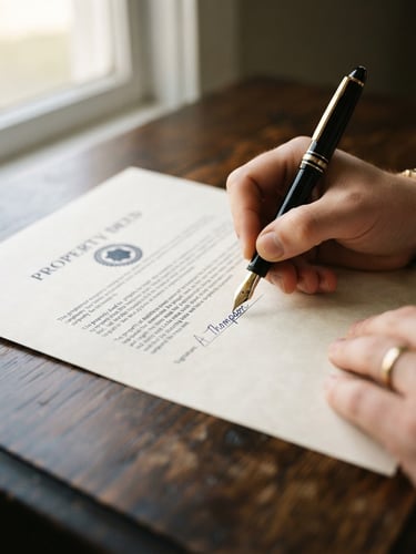 Close-up of a fountain pen signing a legal property deed on a dark wooden desk under soft side window light, shallow depth of field, 35mm