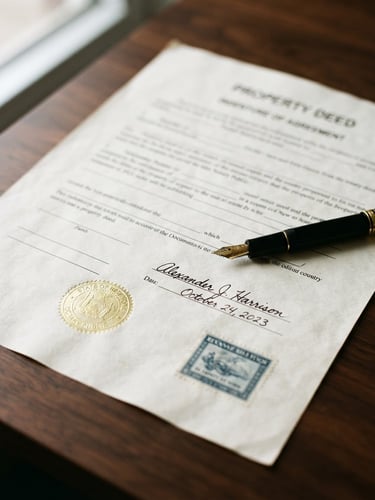 A close-up of a signed legal property deed with a classic fountain pen resting on the textured paper, warm soft window light casting gentle shadows, shallow depth of field, 35mm