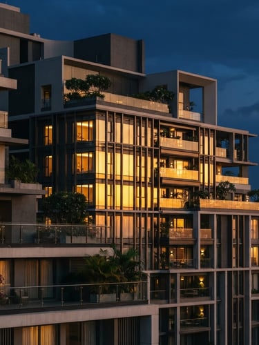 Architectural detail of a modern Chennai residential tower reflecting warm golden sunset light, clean geometric lines, professional editorial corporate photography, 35mm