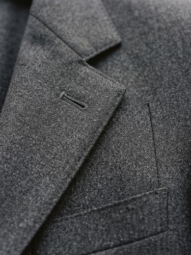 Close-up macro of architectural wool tailoring, soft diffused overcast daylight, muted neutral tones, elegant minimalist composition, 35mm film grain