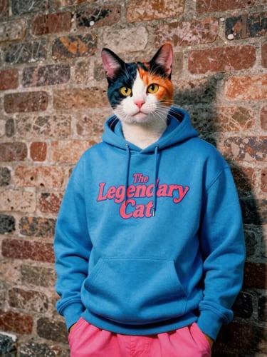 Porträt von 'The Legendary Cat', einem Cartoon-Kater, der lässig an einer urbanen Backsteinwand lehnt, hochkontrastreiche Studiobeleuchtung, lebendige Farben, dynamische Komposition.