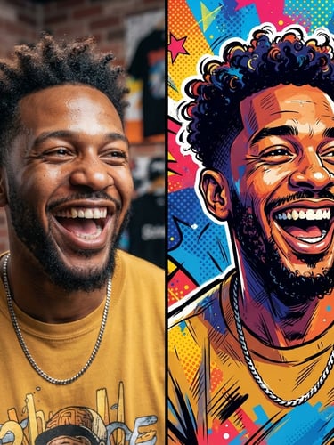 Split-screen comparison showing a real photo of a laughing man on the left and a vibrant, bold ink-stroked cartoon caricature of him on the right, high-contrast studio lighting, pop-art style