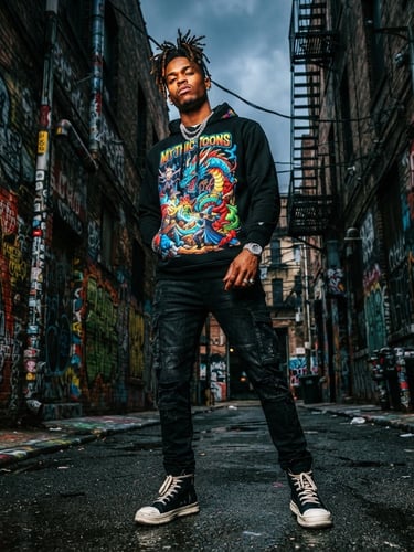 Dynamic low-angle shot of a male model wearing a Mythic Toons hoodie with a vibrant, legendary cartoon character design, standing in an urban alley with graffiti, high-contrast studio lighting, bold saturated colors, 35mm film style, image bleeding to the right edge of the canvas.