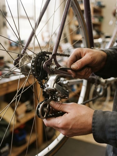 Close-up of mechanic's hands adjusting a clean vintage derailleur, warm natural workshop light, shallow depth of field, 35mm