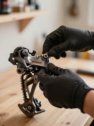 Close-up of hands wearing black mechanics gloves precisely adjusting a vintage rear derailleur in a clean, organized bicycle workshop, soft warm lighting, shallow depth of field
