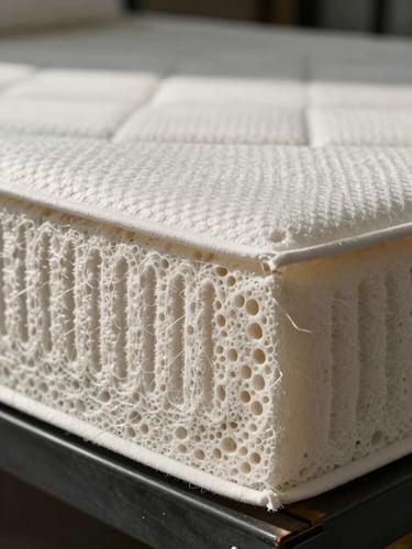 Cross-section of a high-loft nonwoven mattress layer, showing the resilient fiber density and structured vertical loft under high-contrast industrial daylight.
