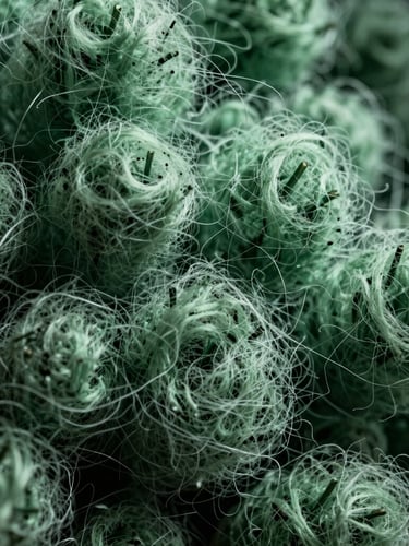 Extreme close-up macro shot of dense needle-punched nonwoven fibers, dramatic side-lighting highlighting the intricate web structure and loft, industrial green tones.