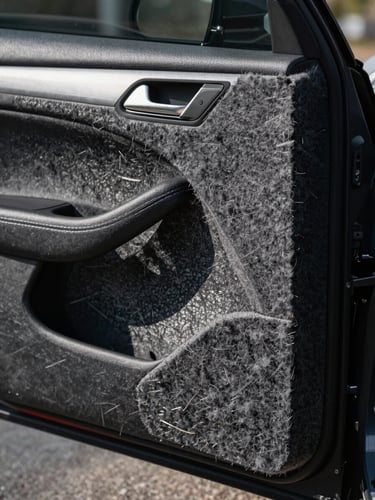 Molded acoustic felt insulation layer installed inside a car door panel, showing precise fit and high-density fiber texture under dramatic side-lighting.