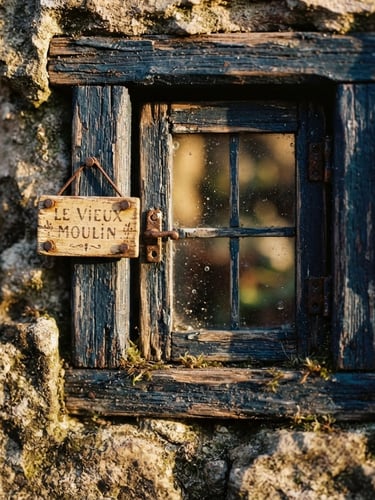 Extreme macro close-up of a miniature weathered wooden window with tiny hand-painted vintage sign, warm golden sunlight casting soft shadows, 35mm photography
