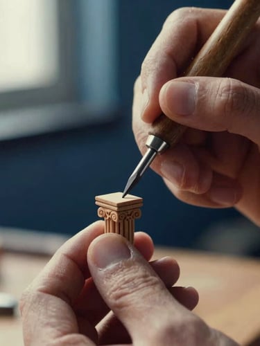 Hands of an artisan using a micro chisel to carve intricate details on a miniature wooden column, warm studio lighting, shallow depth of field, macro photography
