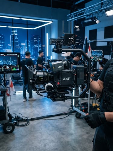 A professional cinema camera on a high-end stabilizer rig, cool studio lighting with deep blue accents, crisp modern Jakarta production set background.