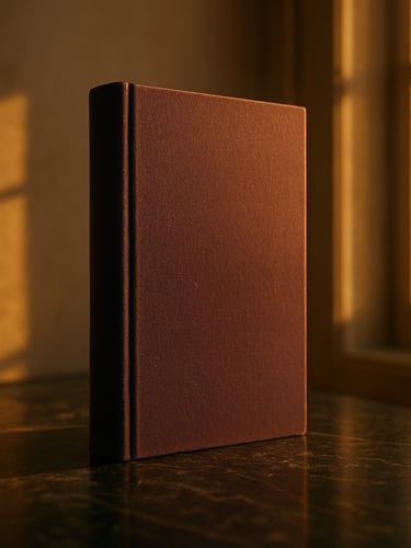 Side-angle editorial shot, golden hour light through a tall window, a closed hardcover book resting upright on a dark marble surface, deep purple cloth cover with gold lettering catching the light, sparse and deliberate composition
