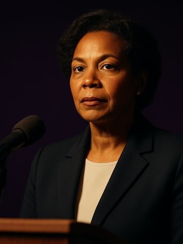 Close editorial portrait of Dr. Breedlove at a podium, directional warm light sculpting her face and shoulders, deep purple background behind her, her gaze forward with composed authority, upper-body framing that emphasizes presence and intention