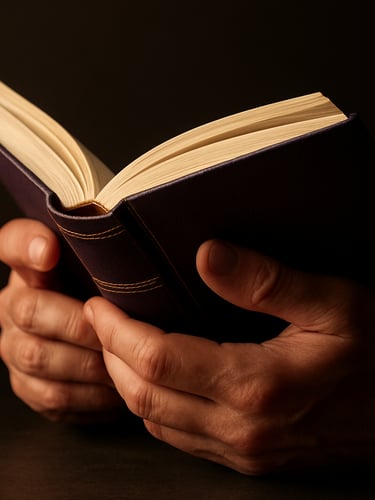Hands holding a hardcover book with a deep purple and gold spine, warm directional studio light from the upper left casting a soft shadow, dark surface below, the book is open slightly as if about to be read, intimate close-up framing emphasizing the weight and craft of the artifact