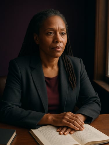 Close editorial portrait of Dr. Breedlove seated at a desk in a purposeful workspace, warm directional window light from the right illuminating her face, hands resting intentionally on an open manuscript, composed and present, deep purple tones in the background, fine detail in her expression