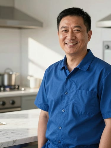 A close-up portrait of the smiling owner-operator in a neat blue uniform, standing in a bright, sunlit kitchen with immaculate marble countertops in the background.