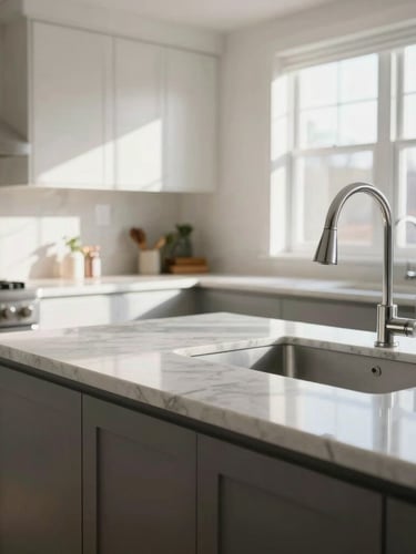 Bright environmental shot of a sun-drenched modern New Jersey kitchen with spotless marble countertops and polished chrome fixtures, high key morning light.